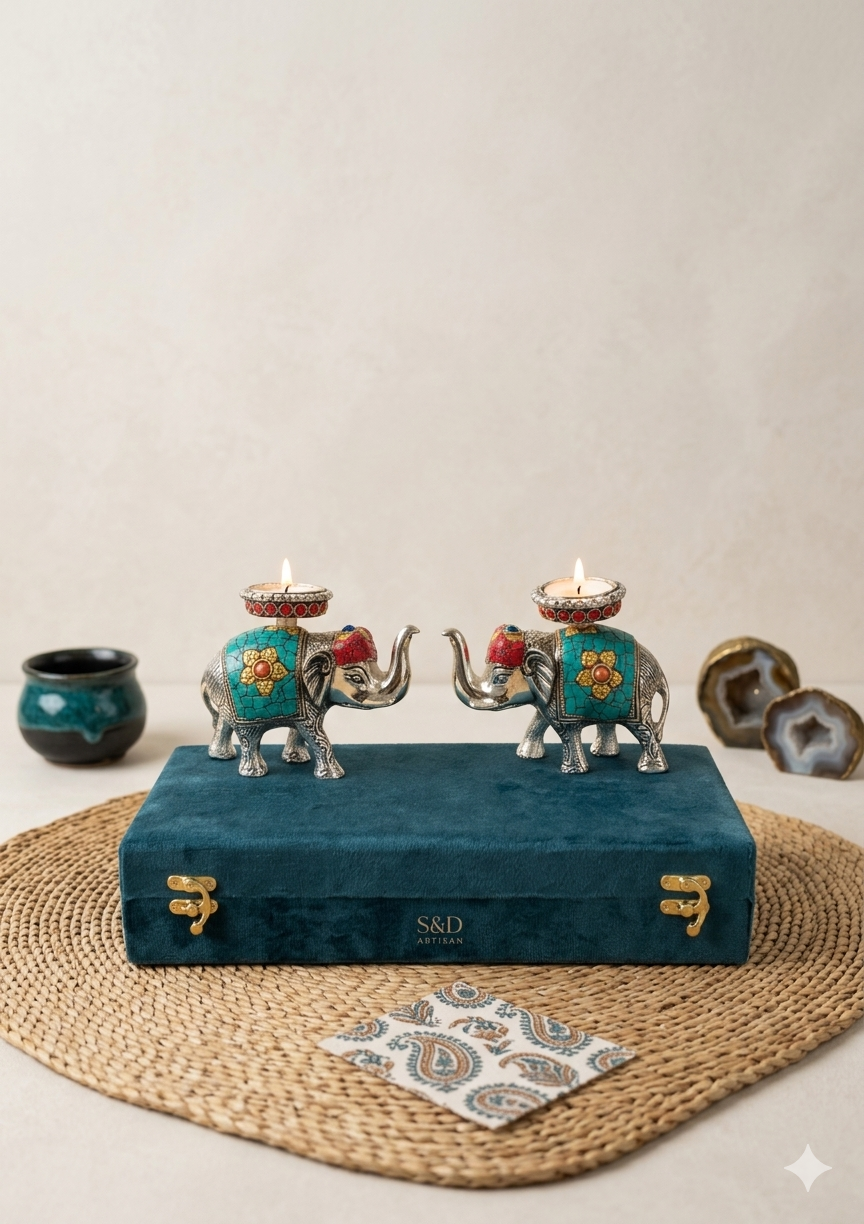 Silver Plated Elephant with stone work with Tealight Holder on Top