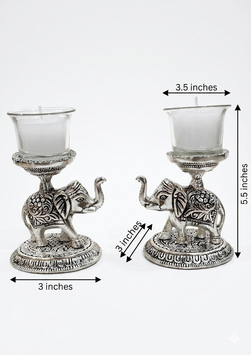 Silver Plated Elephant  Shape Tea-Light Holder with Glass Tea-Light Candles