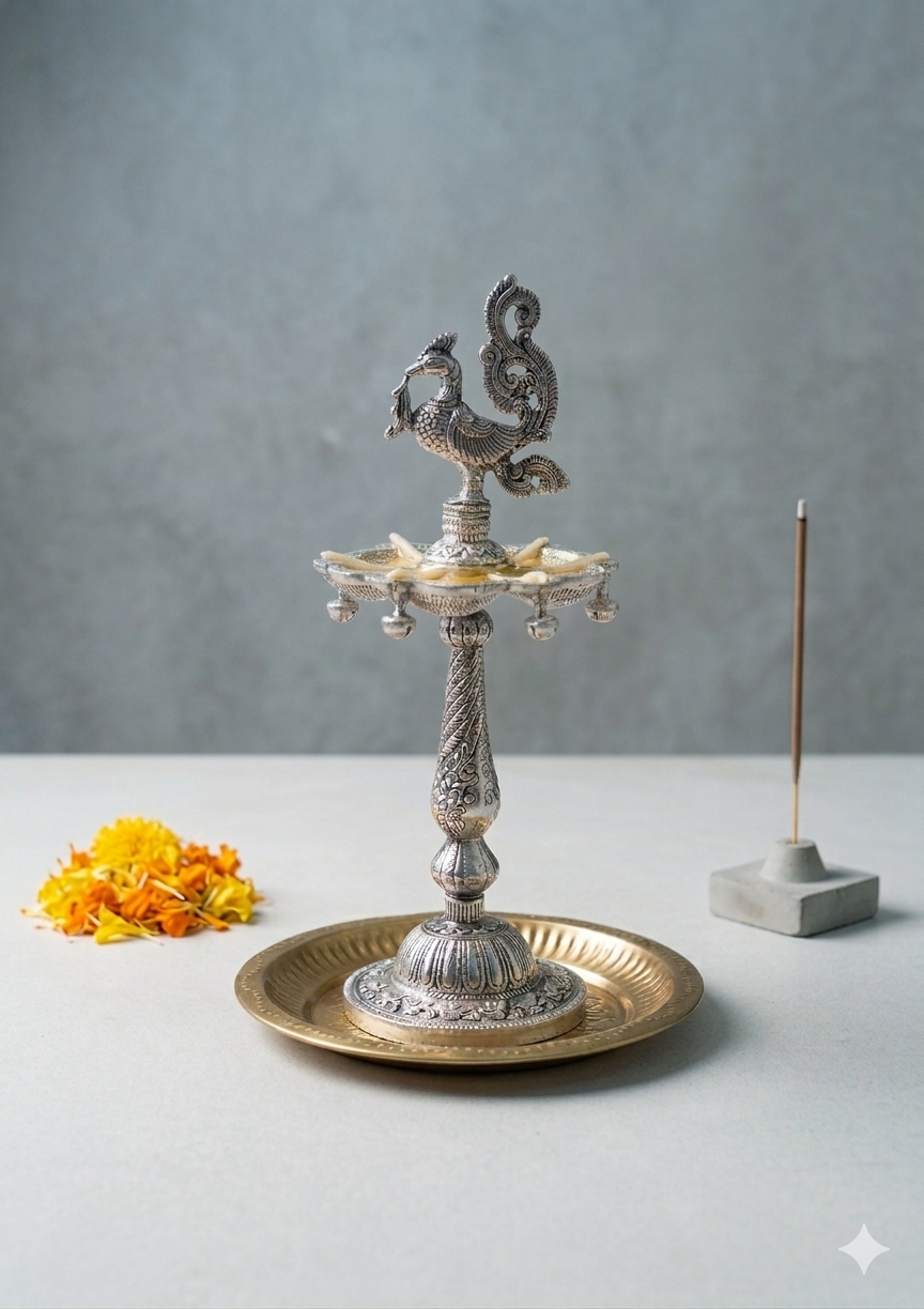 Silver Plated Peacock Samai / Diya