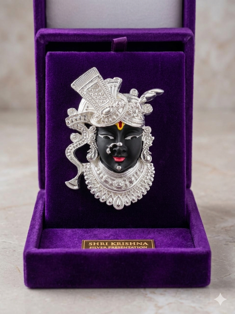 The Home Co- 999 Pure Silver Plated Divine Shreenathji  Idol on Premium Wooden Pedestal – Handcrafted Spiritual Decor & Auspicious Gift