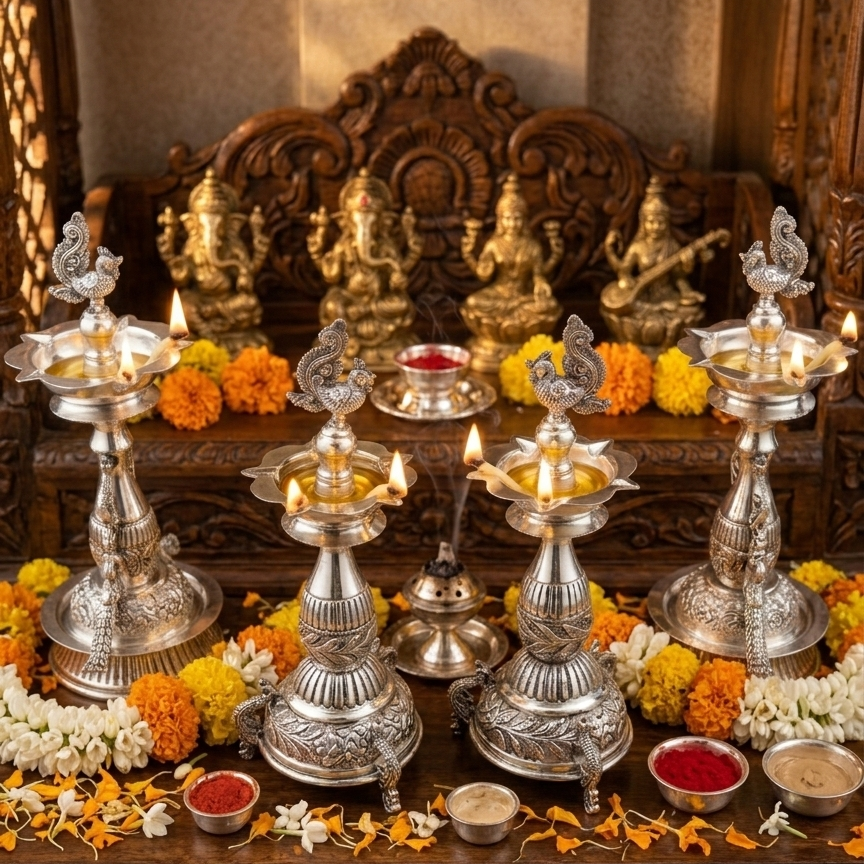 Silver Plated Hand Carving Samai Diya