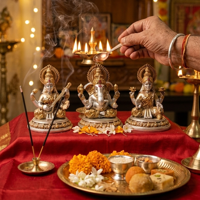 Laxmi, Ganesha, and Saraswati Idols