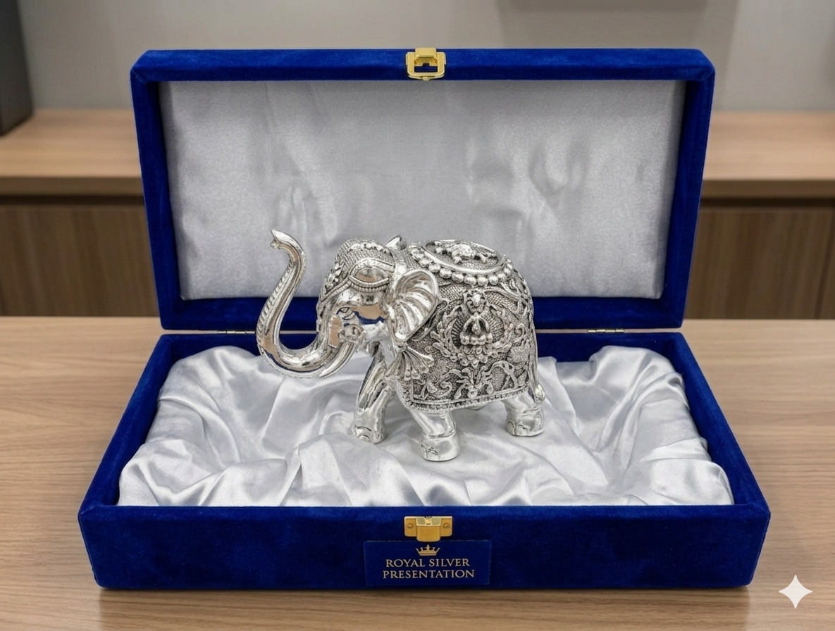 The Home Co- 999 Pure Silver Plated The Sovereign Elephant Majestic Gajant laxmi Idol 5"