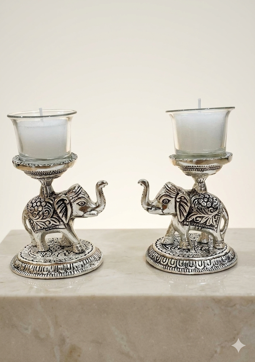 Silver Plated Elephant  Shape Tea-Light Holder with Glass Tea-Light Candles