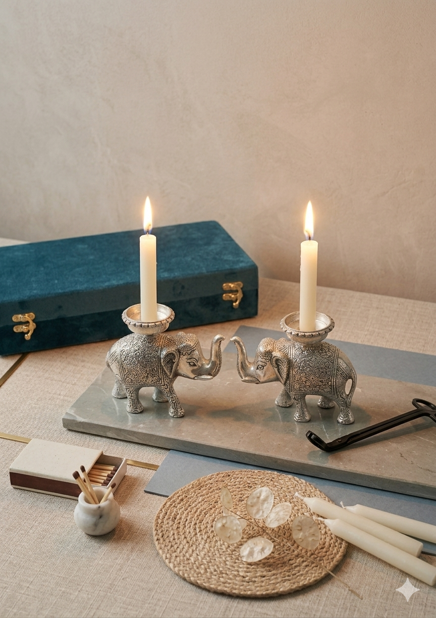 Silver Plated aet of 2 Elephant Tealight Holder on Top