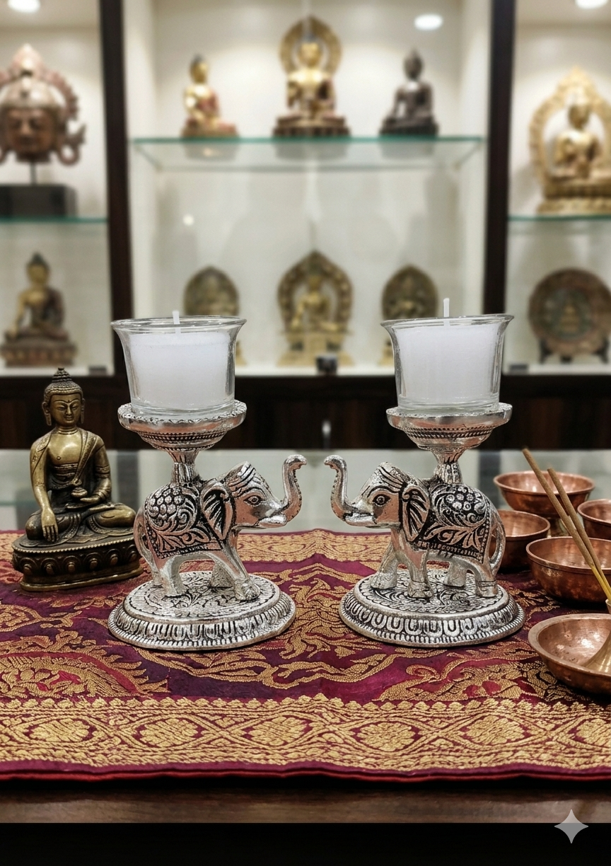 Silver Plated Elephant  Shape Tea-Light Holder with Glass Tea-Light Candles