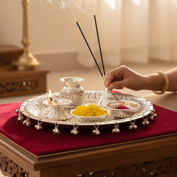 Silver Plated Carving Pooja Thali Set with Elegant Printed Velvet Box