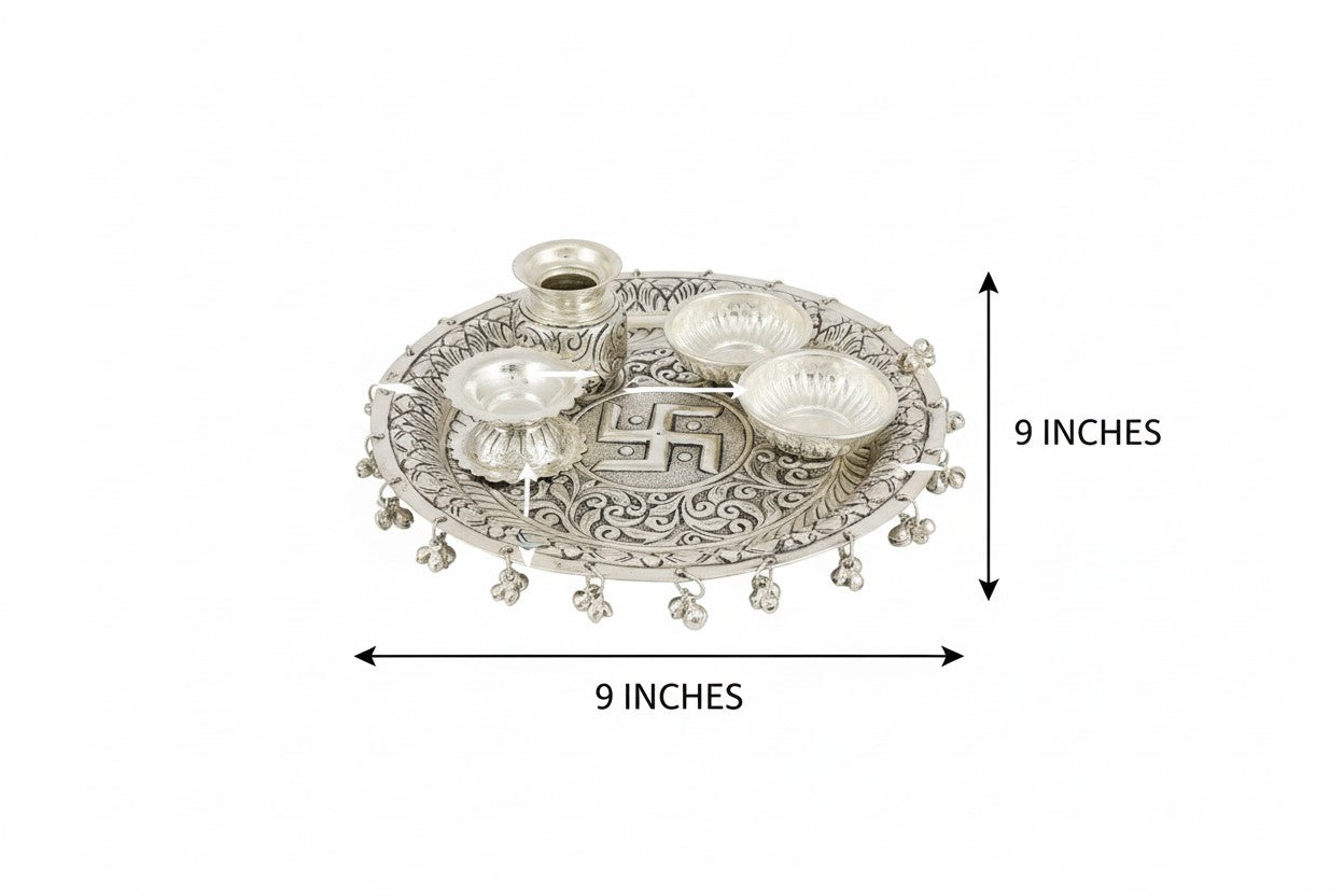 Silver Plated Carving Pooja Thali Set with Elegant Printed Velvet Box