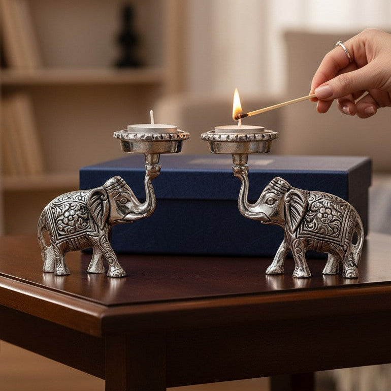 Silver Plated two Elephant with Tea-Light Holder