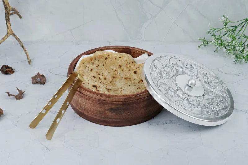 Roti Box - Silver Plated Brass Lid With Wooden Base