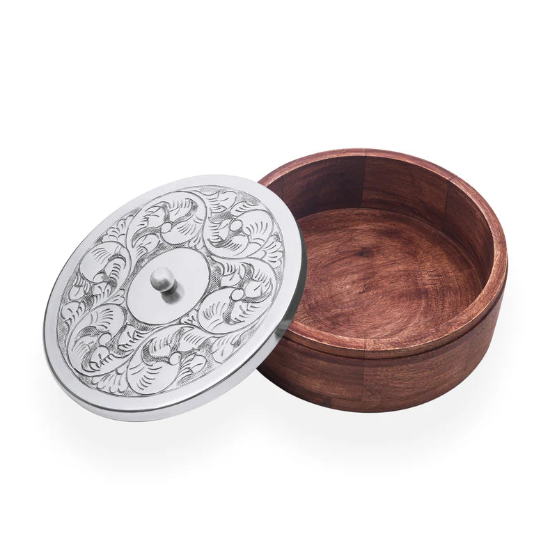 Roti Box - Silver Plated Brass Lid With Wooden Base