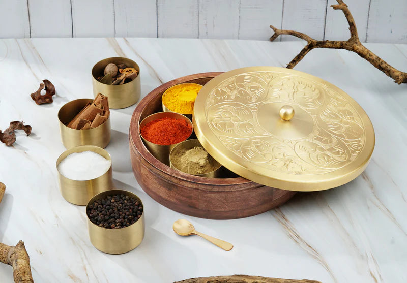 Masala Box - Gold Plated Brass Lid With Wooden Base