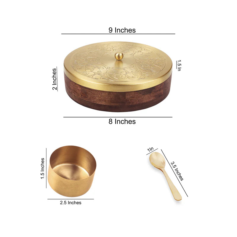 Masala Box - Gold Plated Brass Lid With Wooden Base