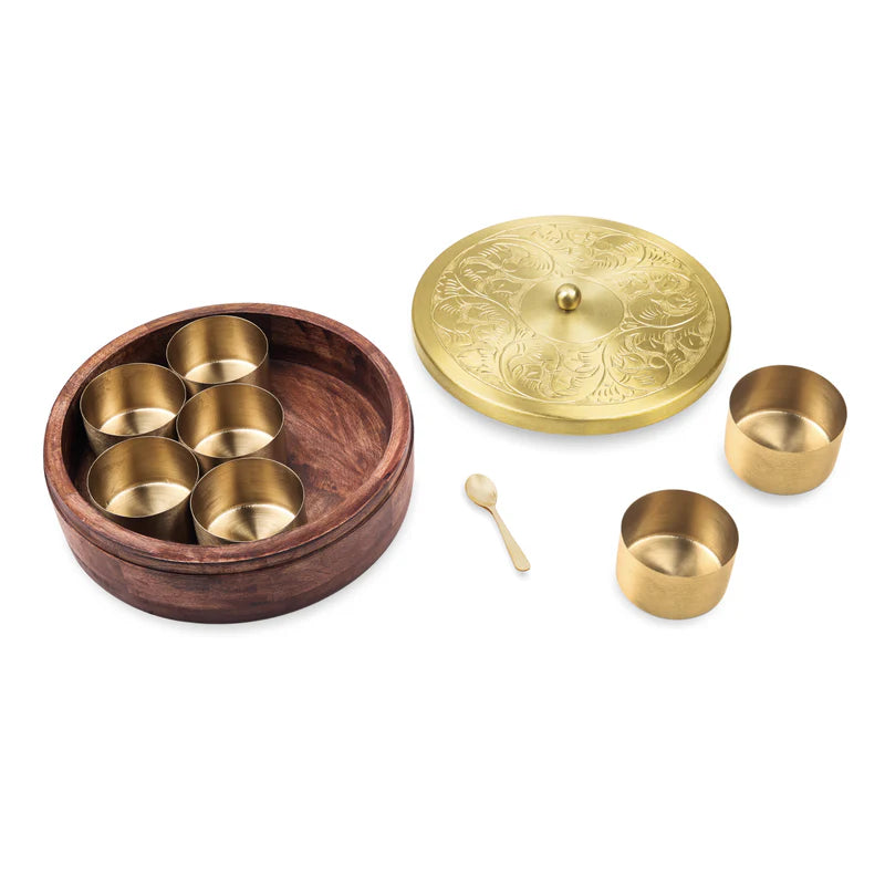 Masala Box - Gold Plated Brass Lid With Wooden Base