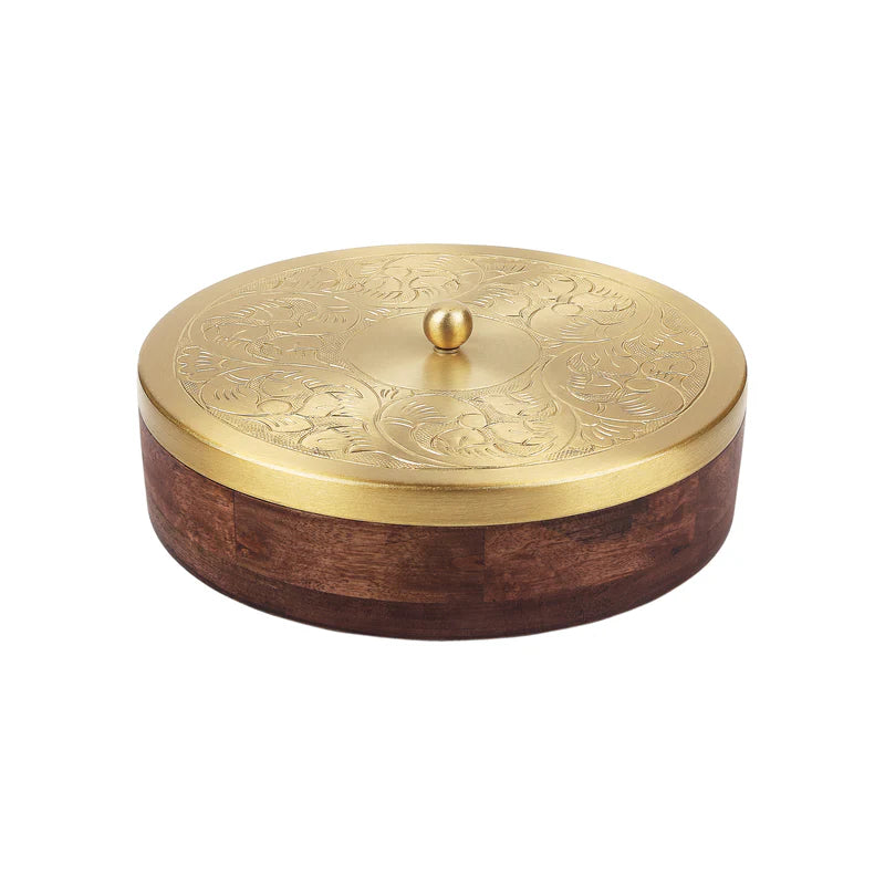 Masala Box - Gold Plated Brass Lid With Wooden Base