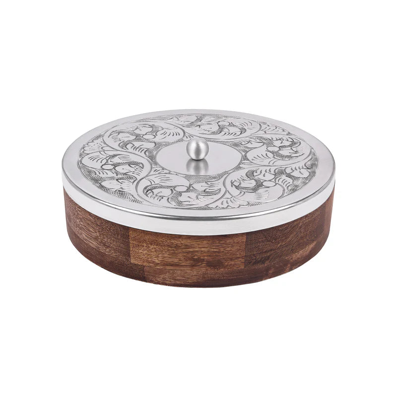 Masala Box - Silver Plated Brass Lid With Wooden Base