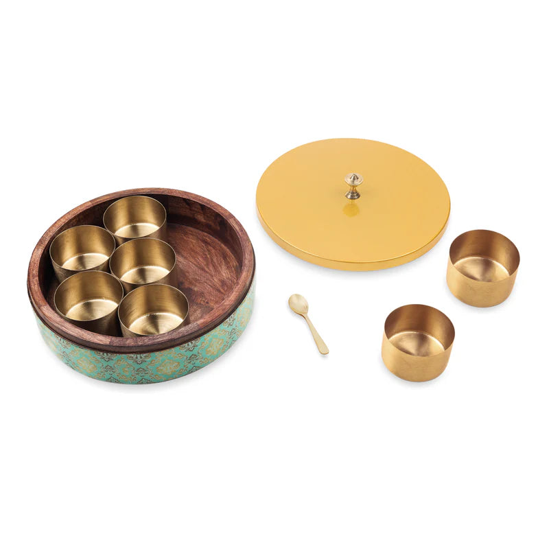 Masala Box - Green Abstract Print Enameled Wooden Base With Metal Lid