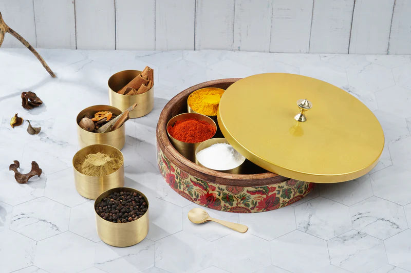 Masala Box - Yellow Floral Print Enameled Wooden Base With Metal Lid