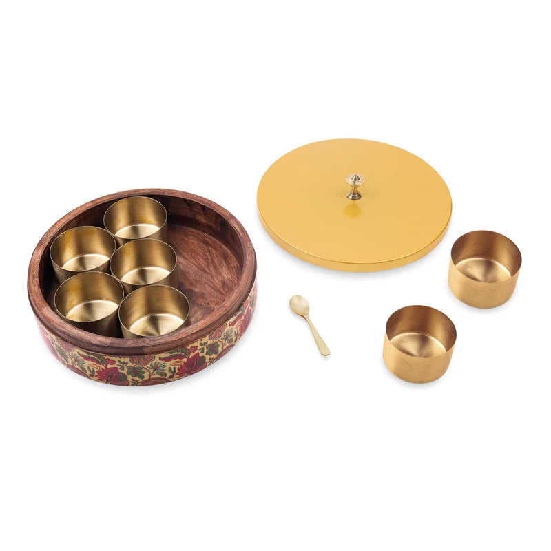 Masala Box - Yellow Floral Print Enameled Wooden Base With Metal Lid