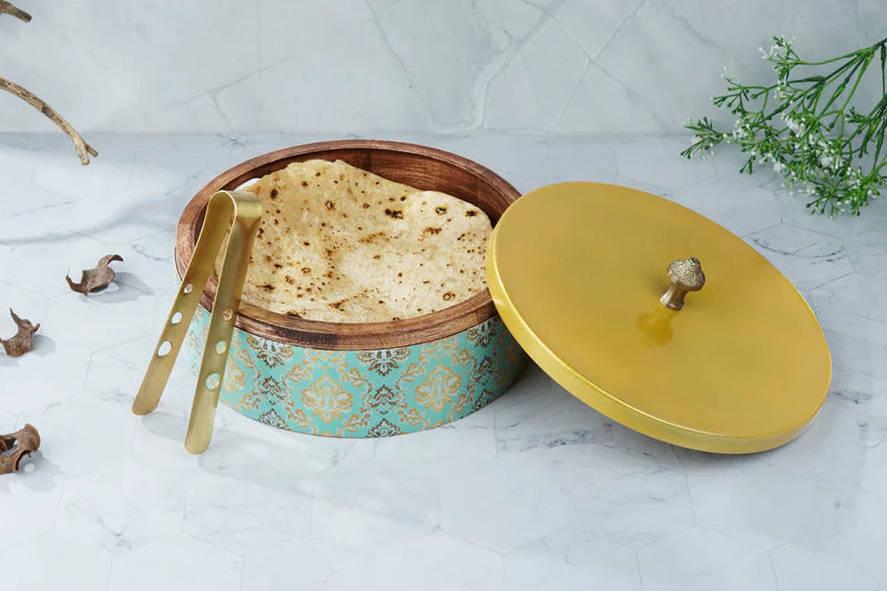 Roti Box - Green Abstract Print Enameled Wooden Base With Metal Lid