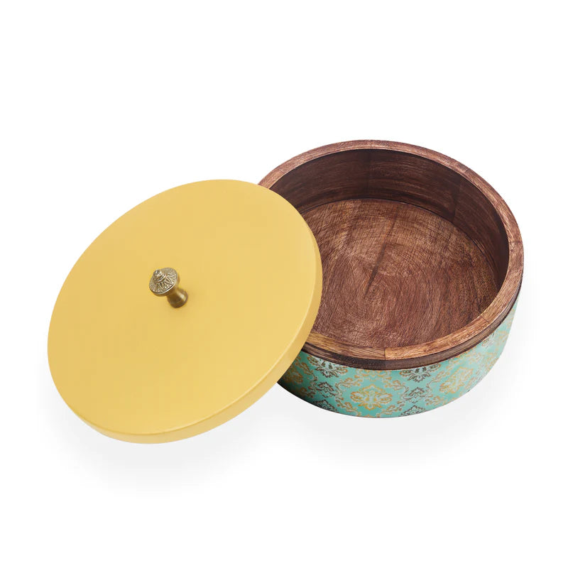 Roti Box - Green Abstract Print Enameled Wooden Base With Metal Lid