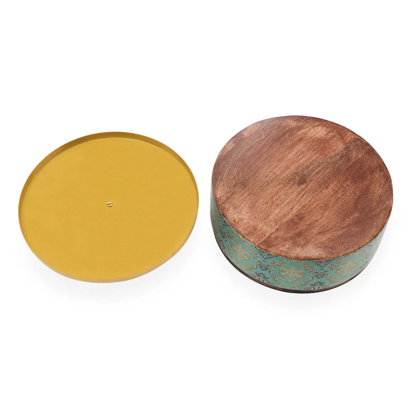 Roti Box - Green Abstract Print Enameled Wooden Base With Metal Lid