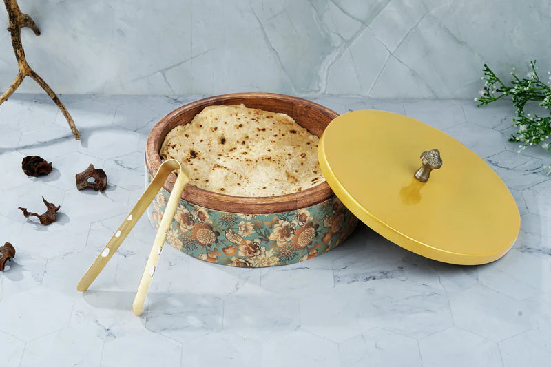 Roti Box - Green Floral Print Enameled Wooden Base With Metal Lid