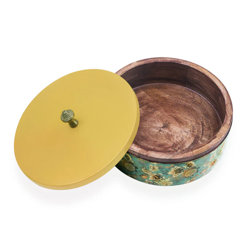 Roti Box - Green Floral Print Enameled Wooden Base With Metal Lid