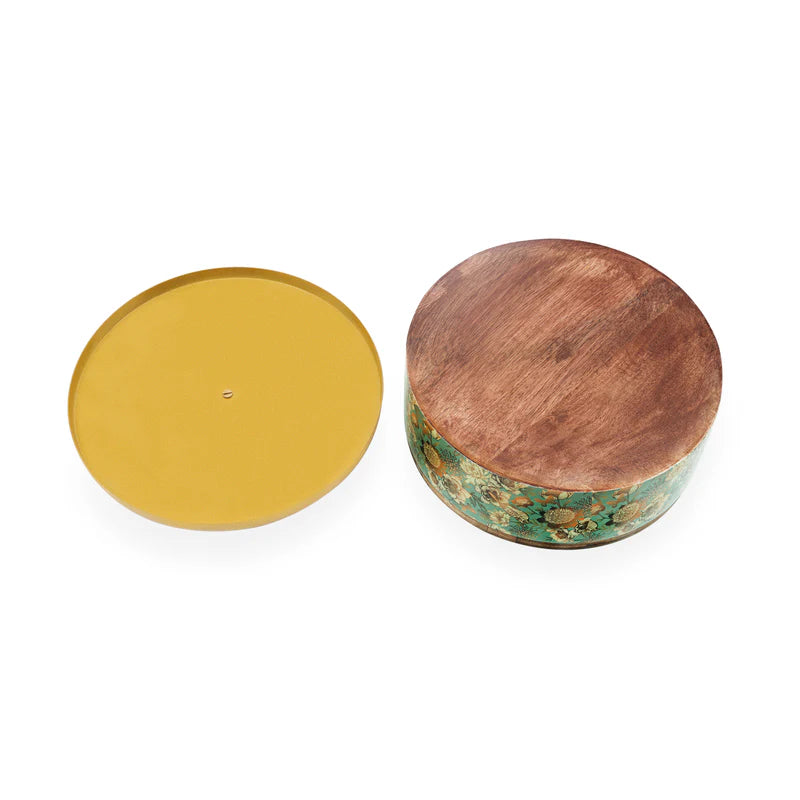 Roti Box - Green Floral Print Enameled Wooden Base With Metal Lid