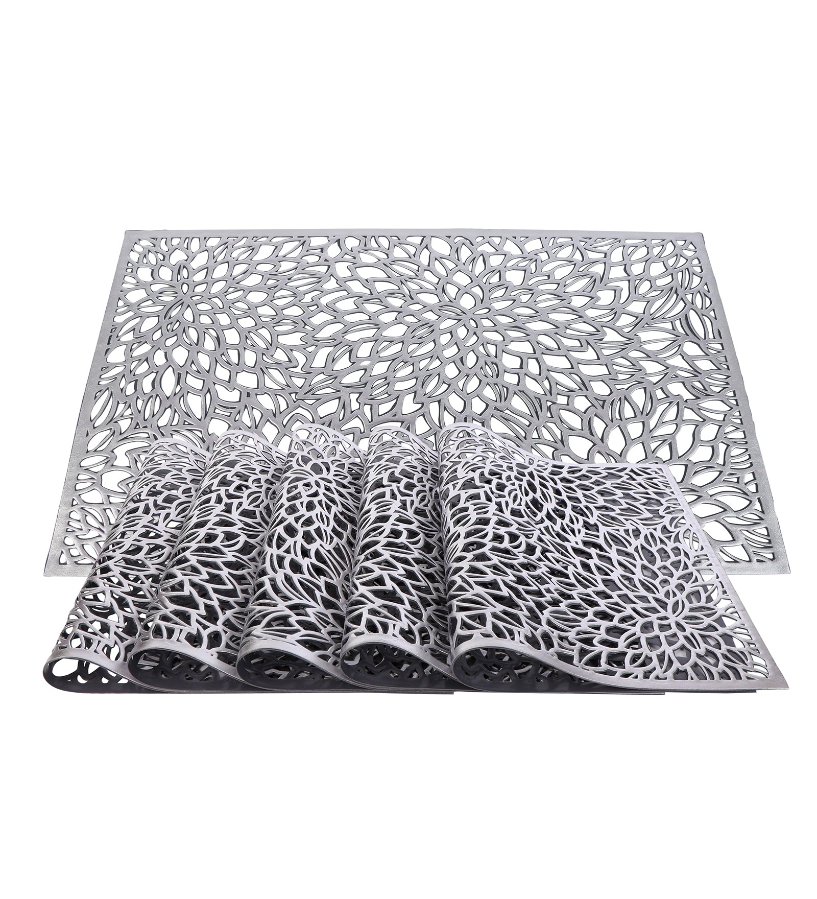 Leatherette Lazorcut Rectangle Tablemats - Silver Flower (Pack of 6)