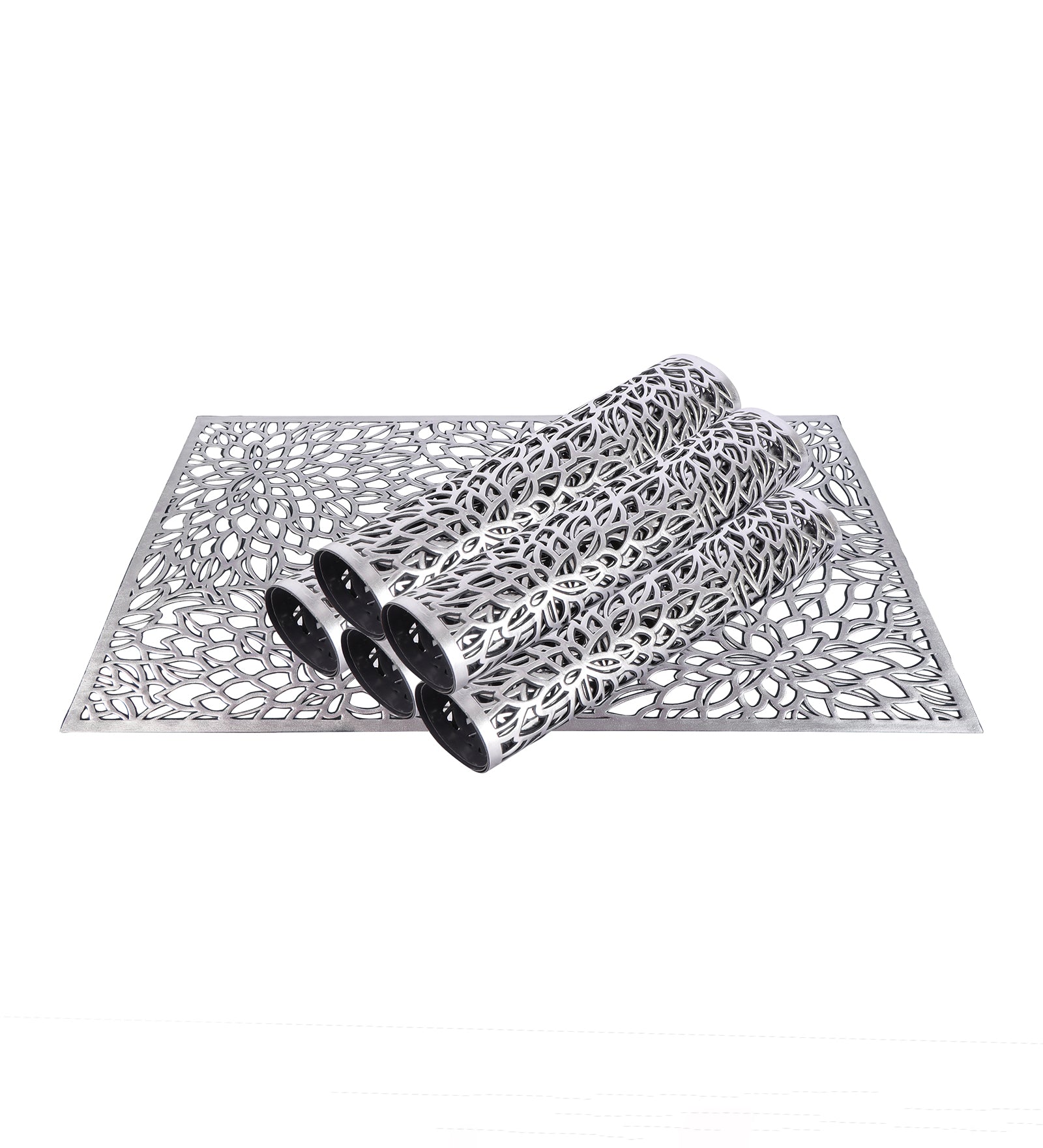 Leatherette Lazorcut Rectangle Tablemats - Silver Flower (Pack of 6)