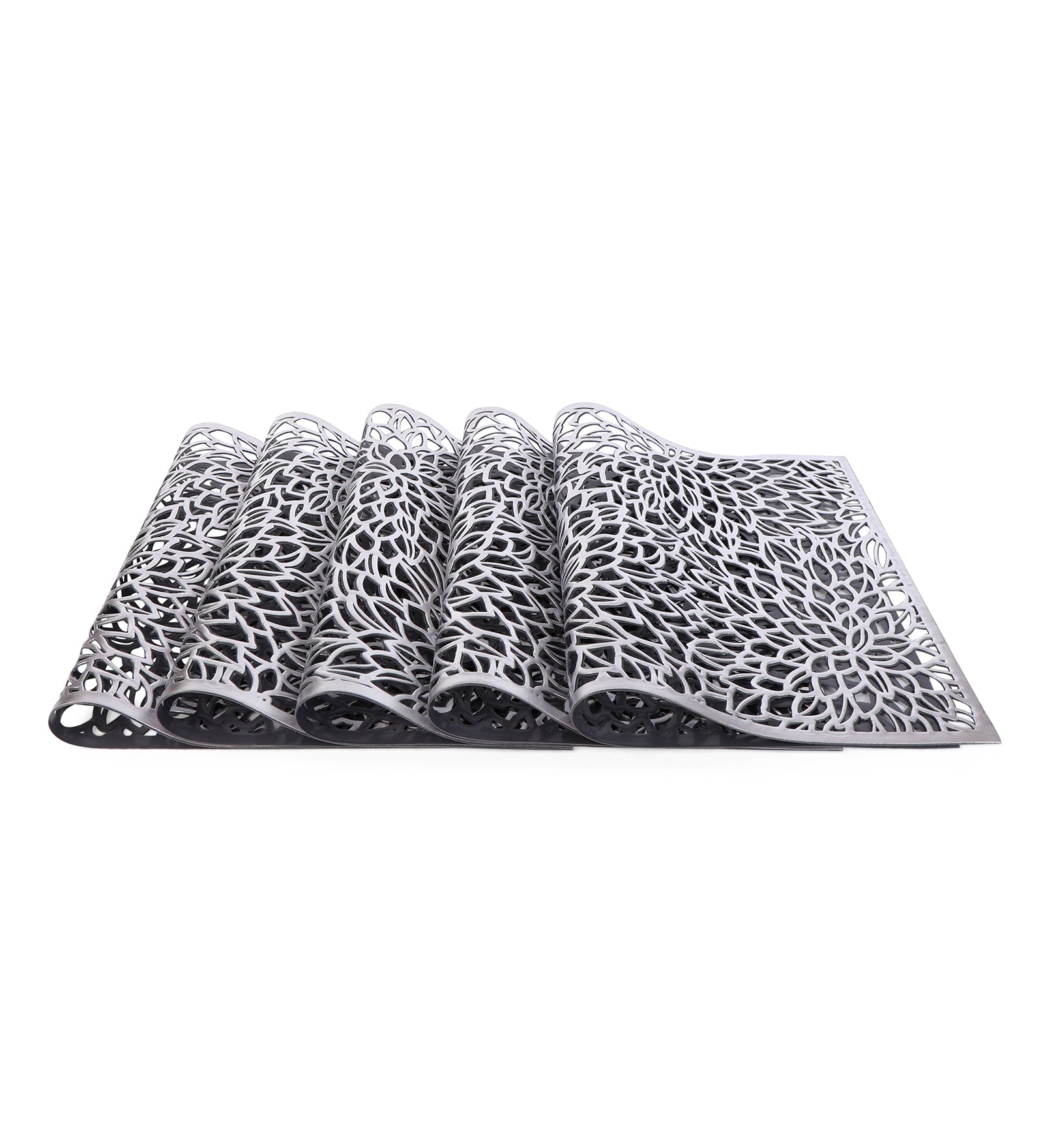 Leatherette Lazorcut Rectangle Tablemats - Silver Flower (Pack of 6)