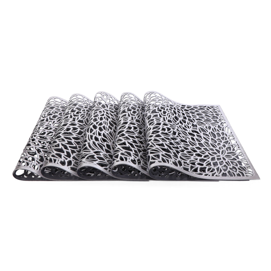 Leatherette Lazorcut Rectangle Tablemats - Silver Flower