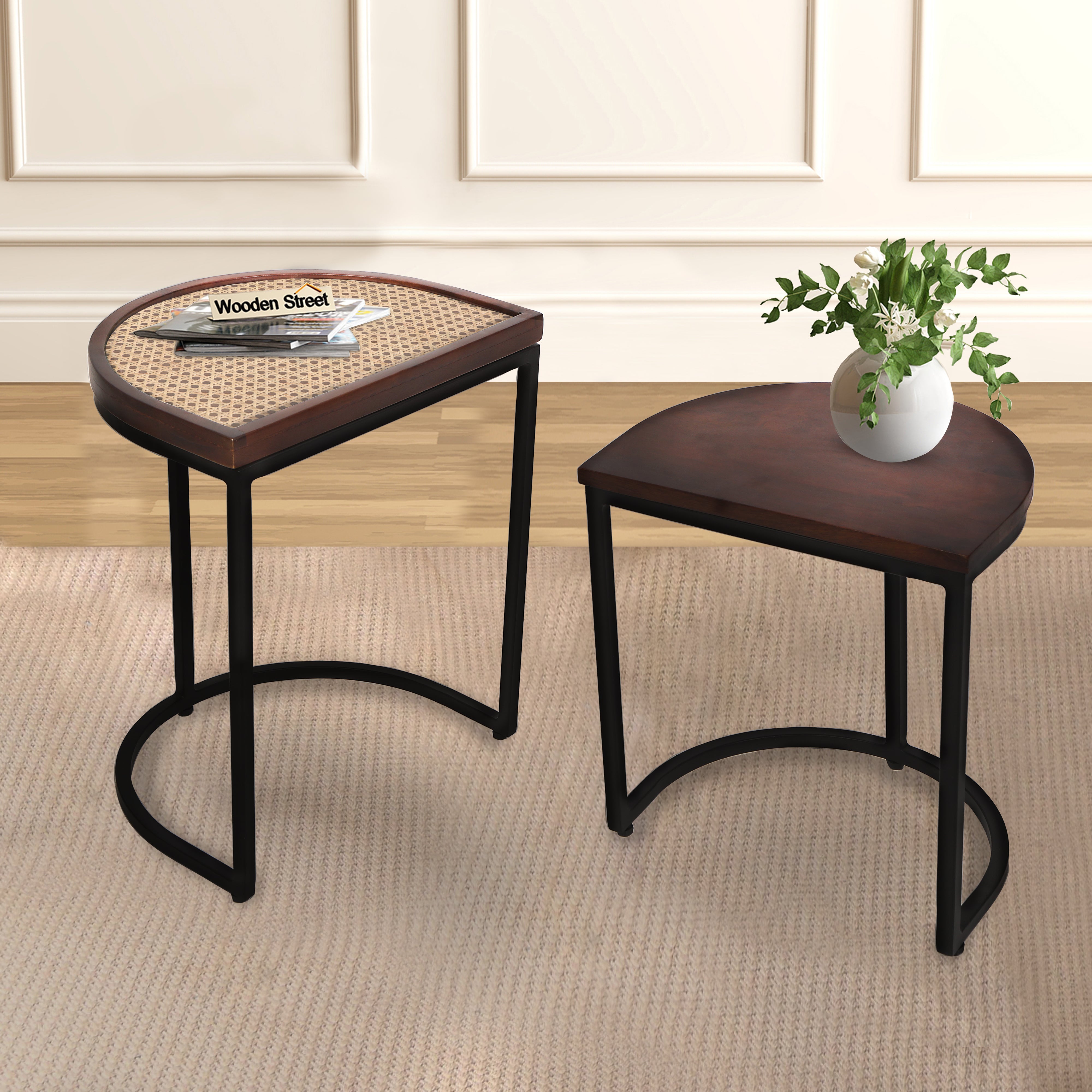 Nested Table Set of 2 - Rattan D Shape Side Table