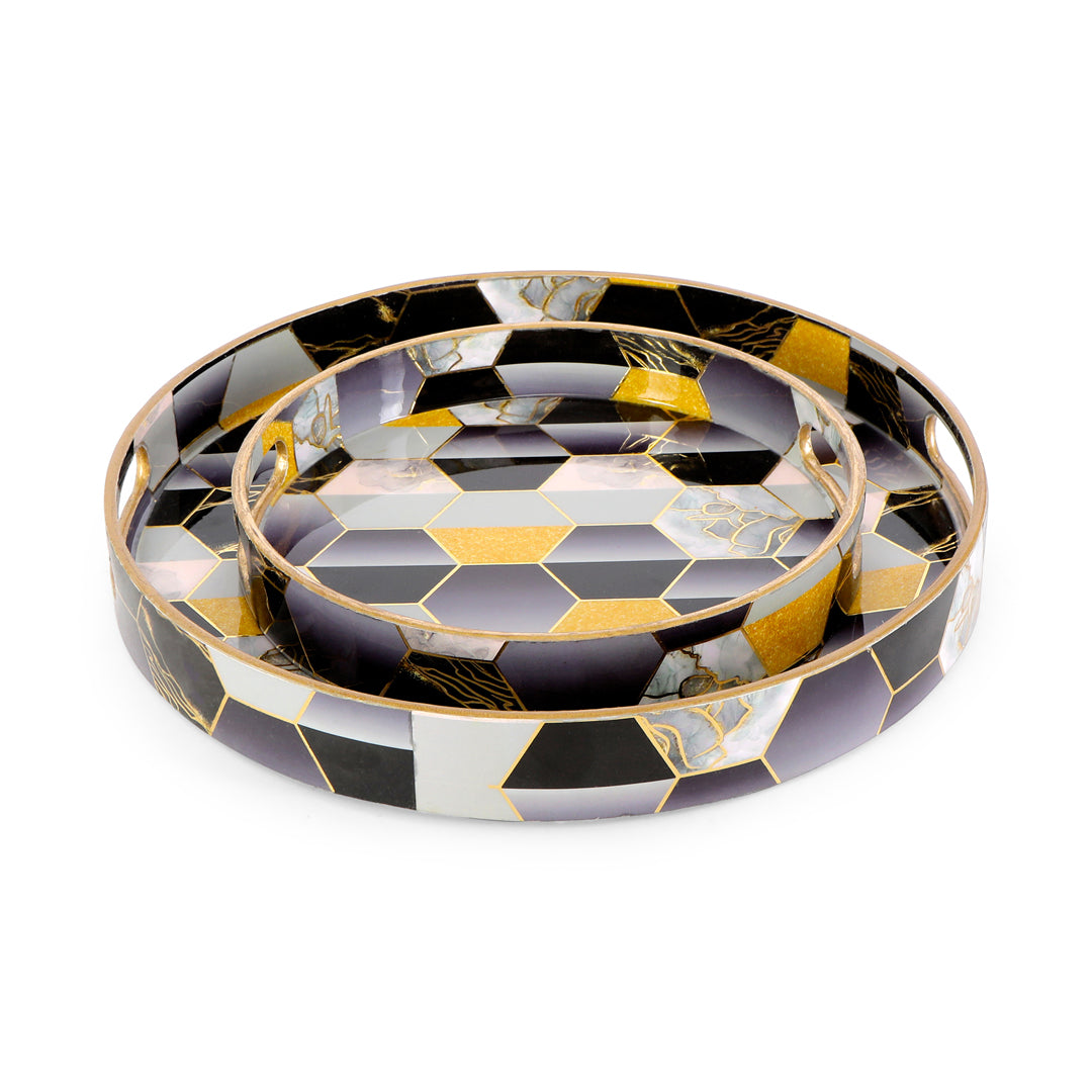 Round Tray - Set of 2 - Black Hexagon: The Home Co.