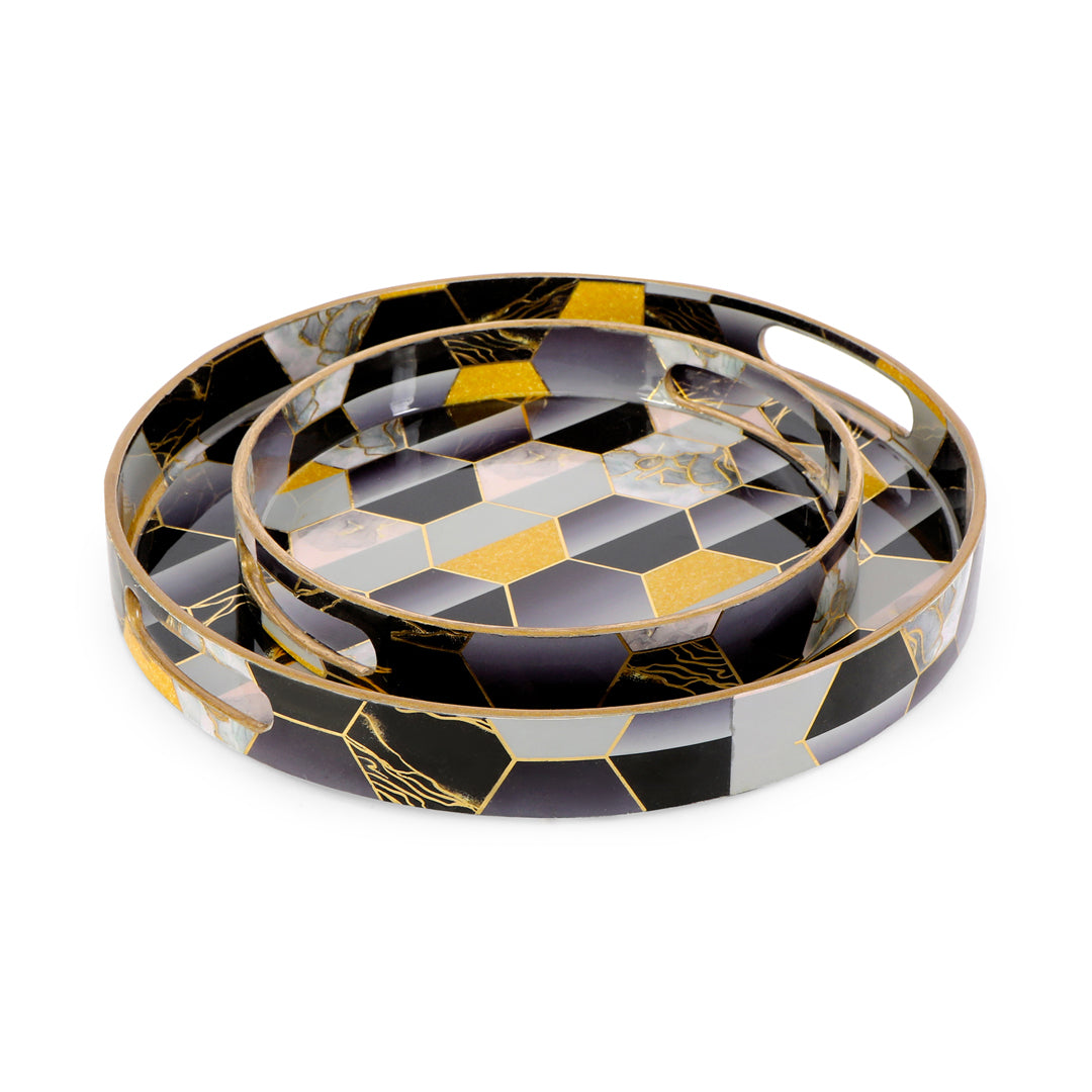 Round Tray - Set of 2 - Black Hexagon: The Home Co.