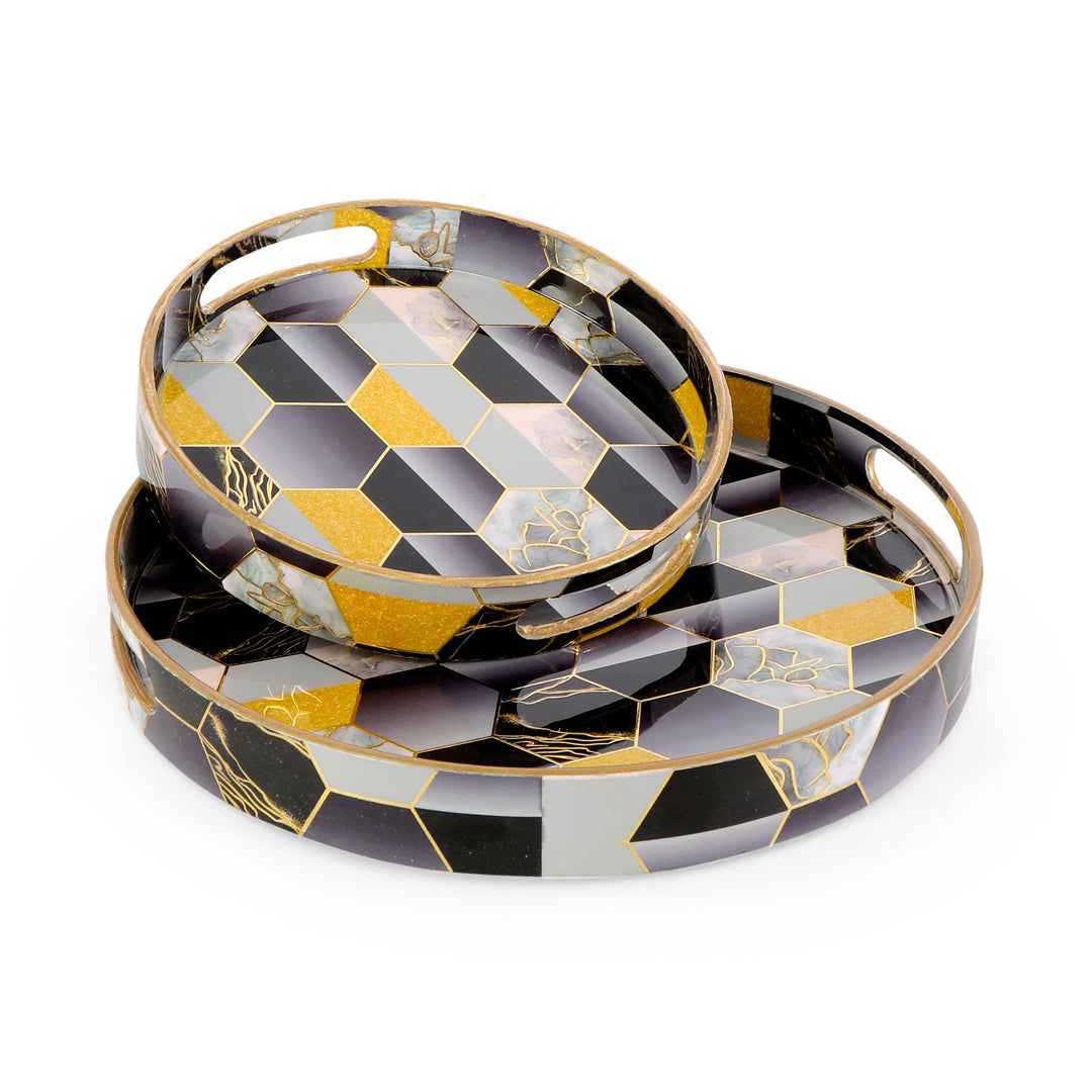 Round Tray - Set of 2 - Black Hexagon: The Home Co.