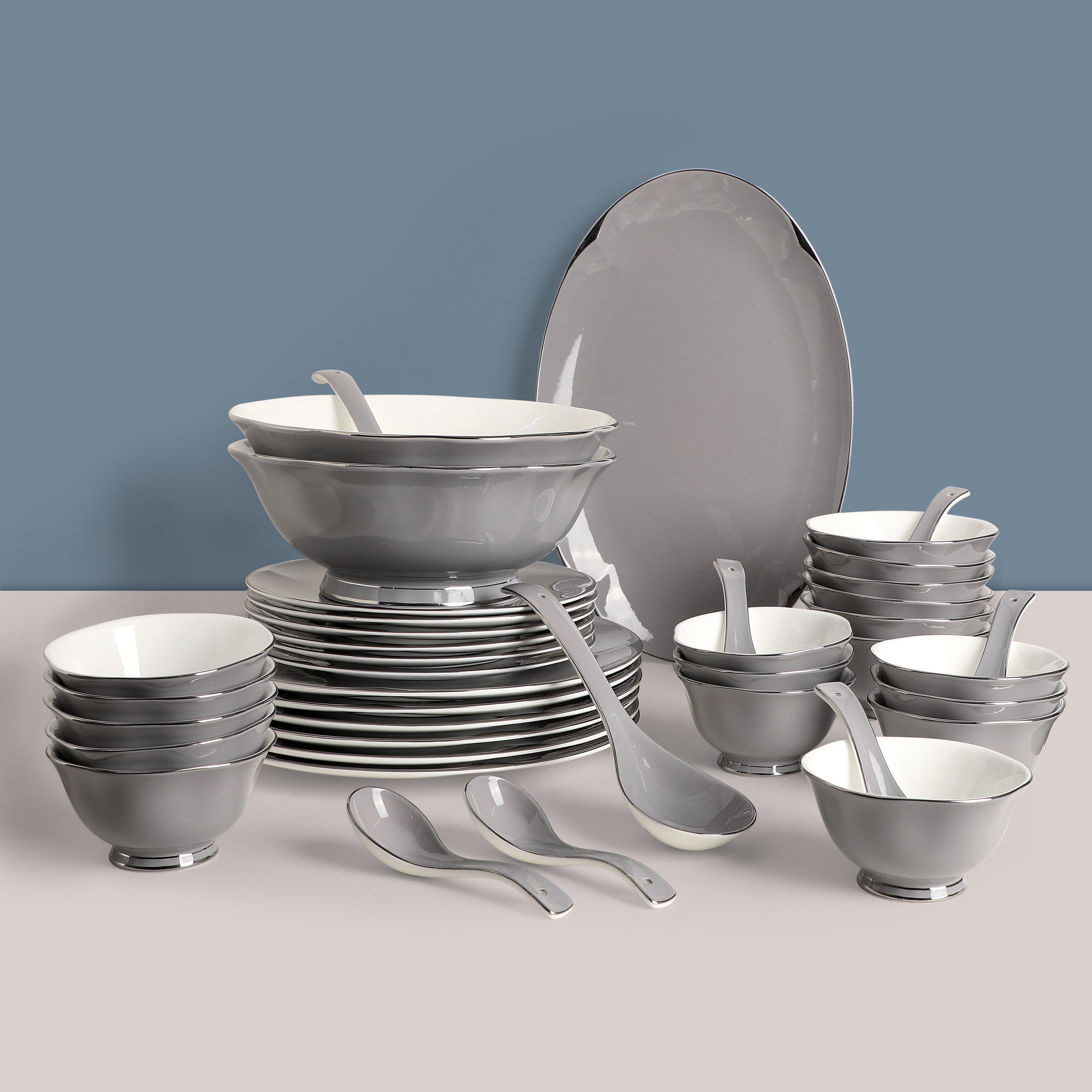 THE HOME CO. Dinner Set Of 41 Pcs - Grey Porcelain With Silver Plated