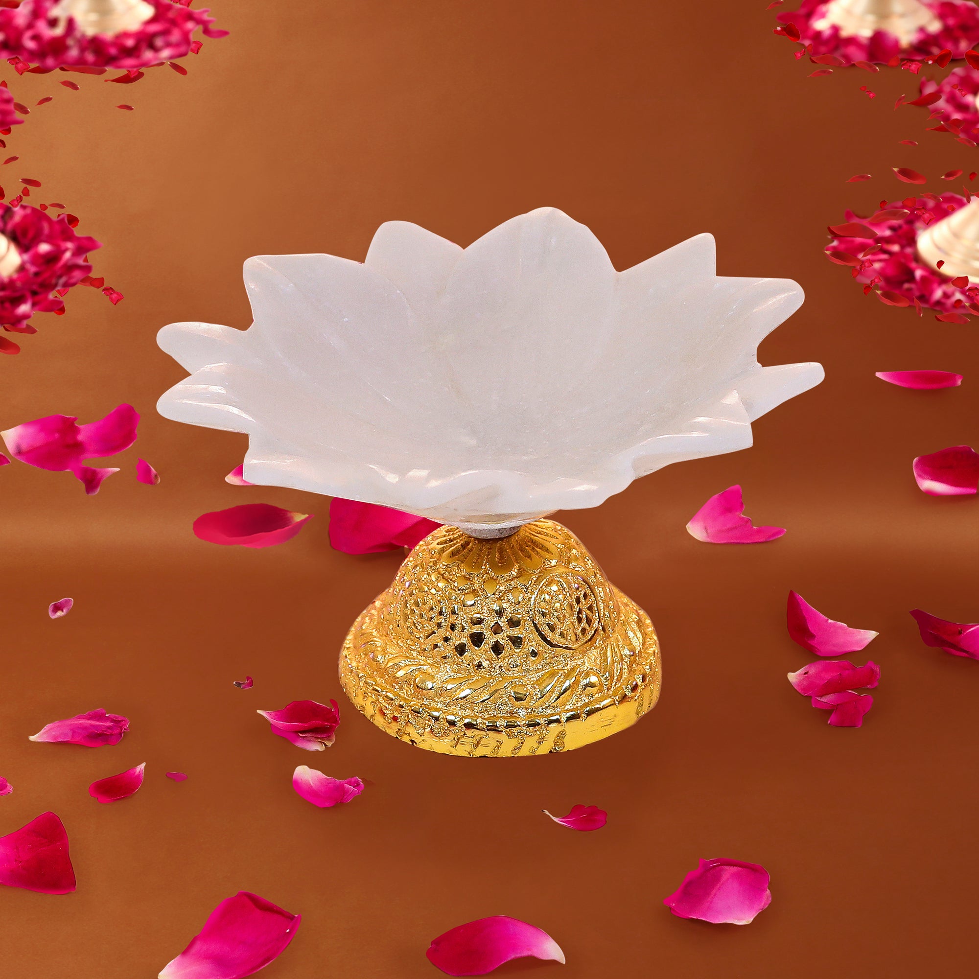 Flower Marble Urli With Gold Base 4 Inch Urli 1- The Home Co.