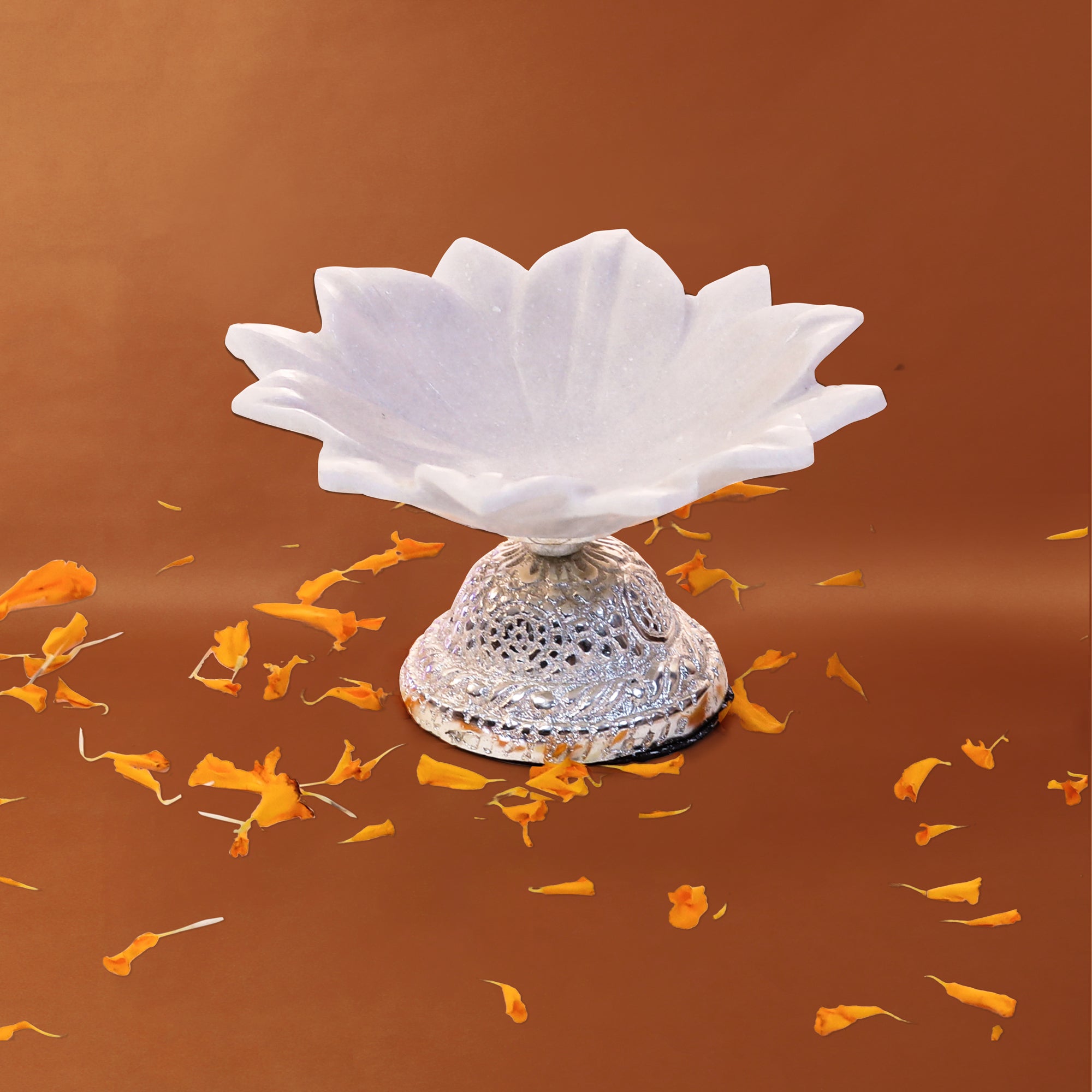Flower Marble Urli With Silver Base 4 Inch Urli 1- The Home Co.