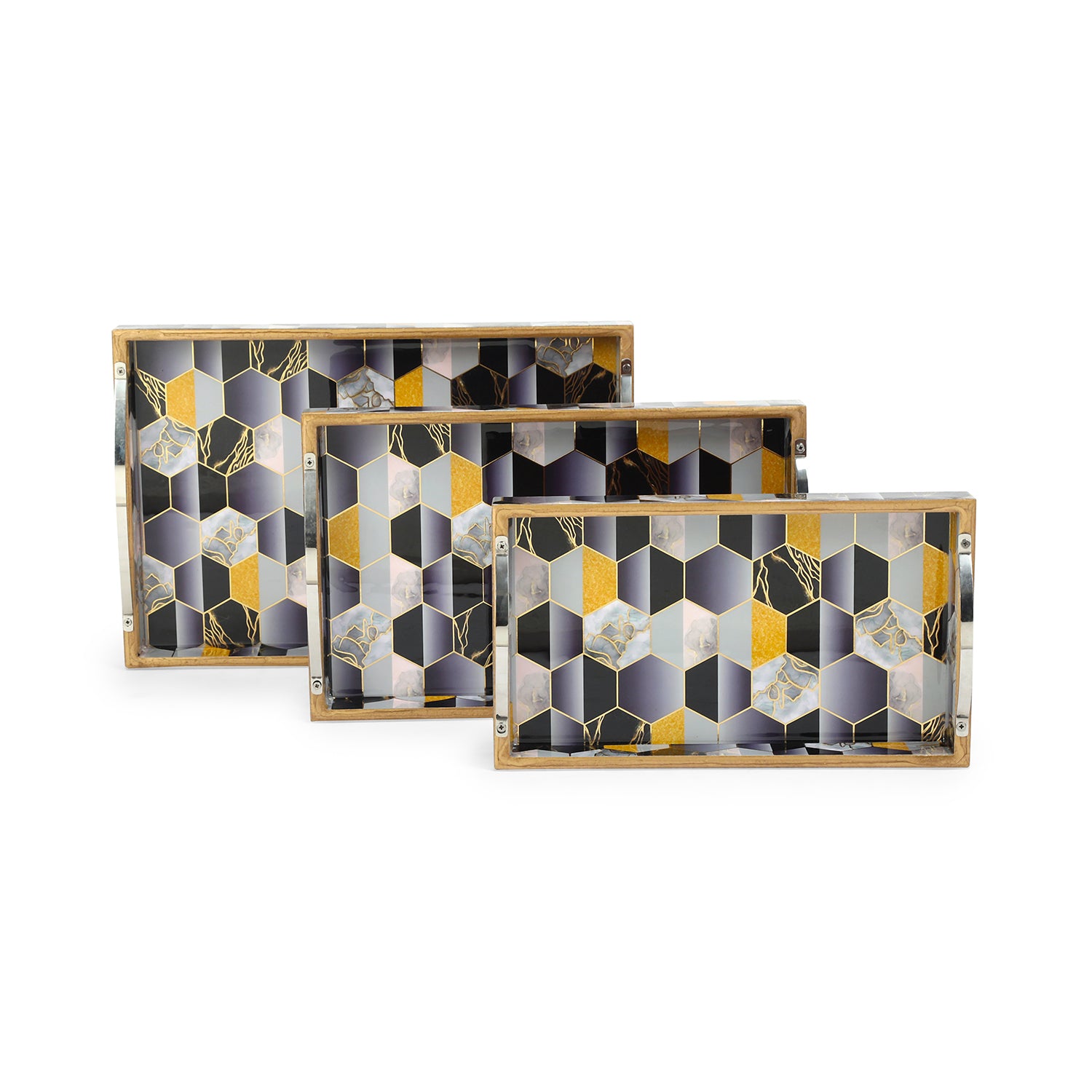 Tray Set Of 3 - Black Hexagon: The Home Co.