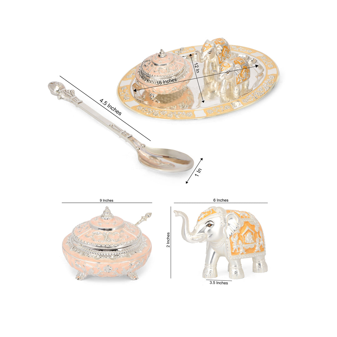 Tray Set with 2 Elephants and 1 Bowl - Oval - Peach Enamel