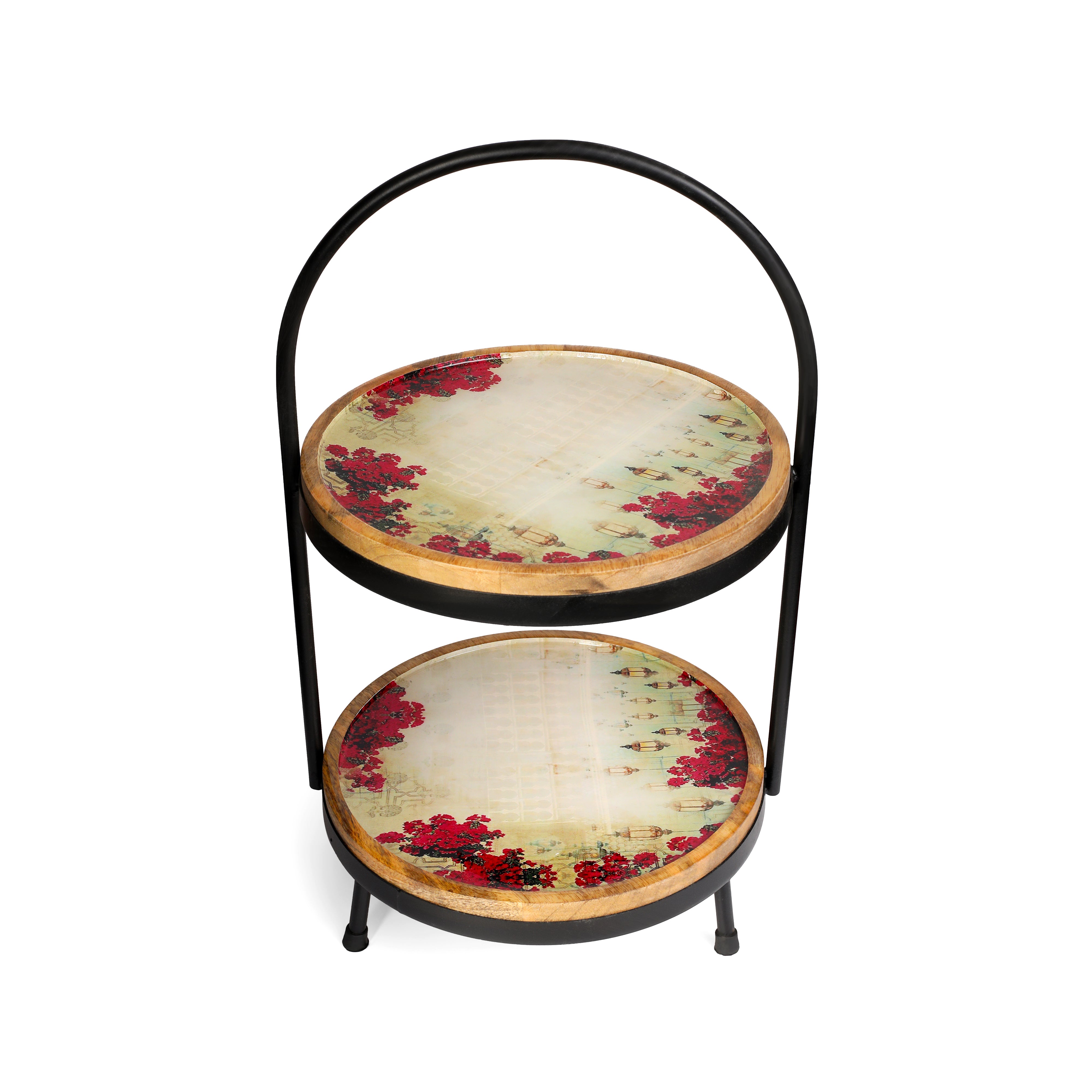 Wooden Pink Lantern Print & Enameled 2 Tier Platter With Metal Handle