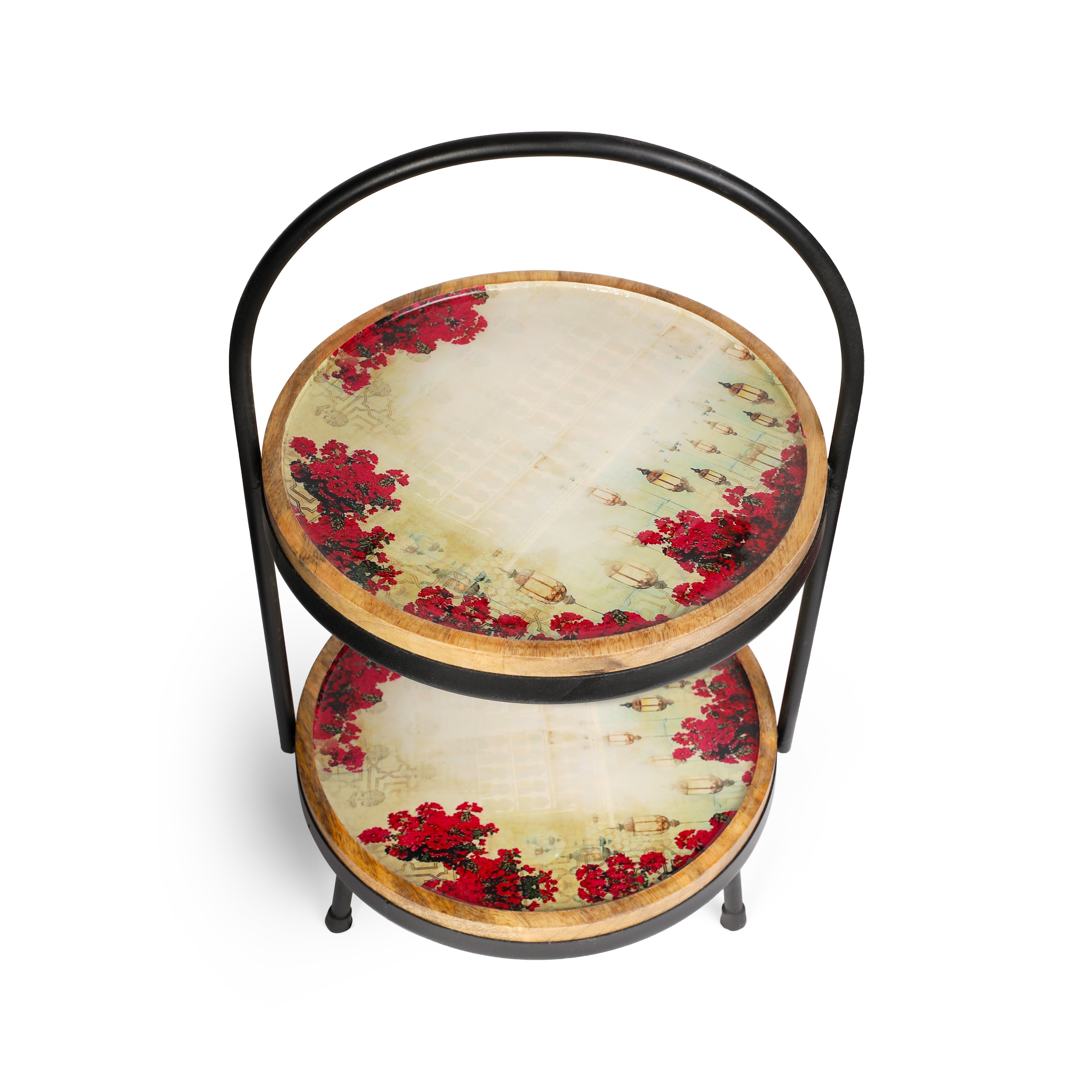 Wooden Pink Lantern Print & Enameled 2 Tier Platter With Metal Handle