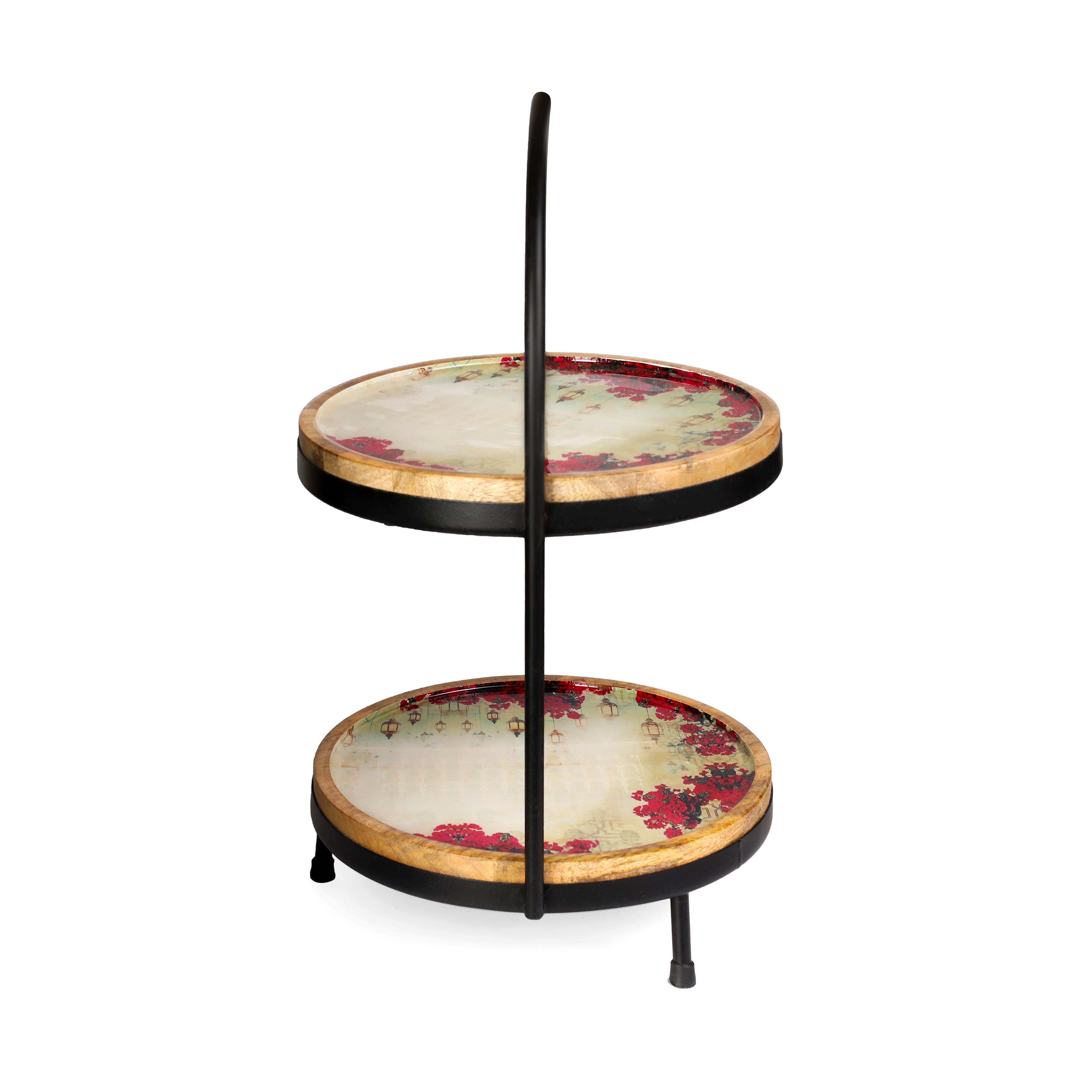 Wooden Pink Lantern Print & Enameled 2 Tier Platter With Metal Handle