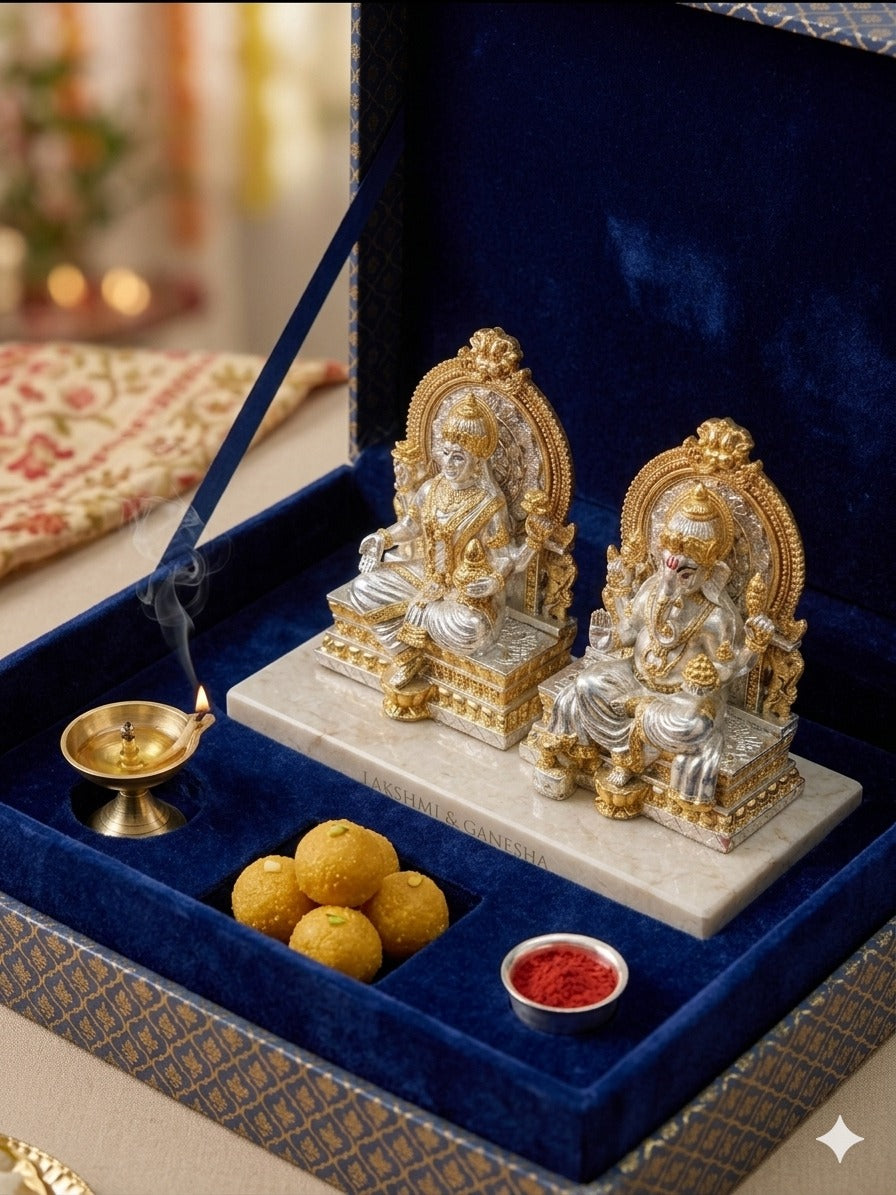 The Home Co- 999 Pure Silver & 24K Gold Plated The Divine Union: Lakshmi & Ganesha Silver & Gold Plated Fiber Idols(seating on sihasan )