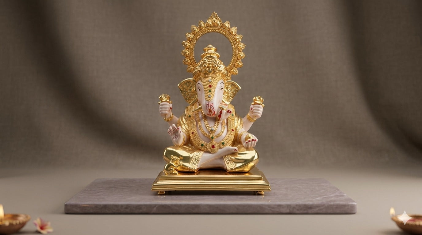 Premium 24K Gold-Plated Lord Ganesha Idol – Exquisite Handcrafted Ganpati Murti for Home Decor, Office Desk & Luxury Gifting ( White & Gold Finish)