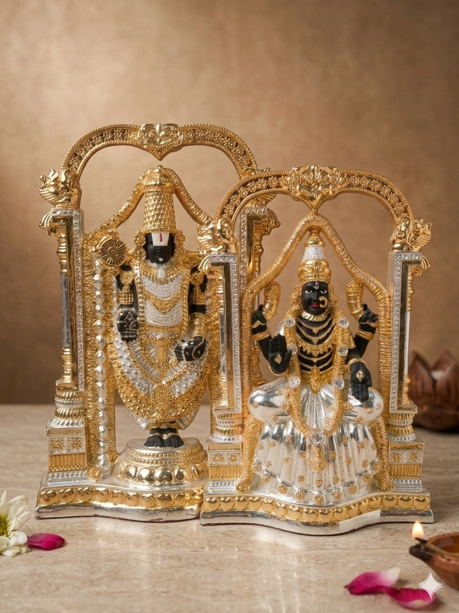 The Home Co. 999 Pure Silver & 24K Gold Plated Tirupati Balaji & Padmavathi Murti Set | Premium Dual-Tone Divine Idols for Mandir & Corporate Gifting